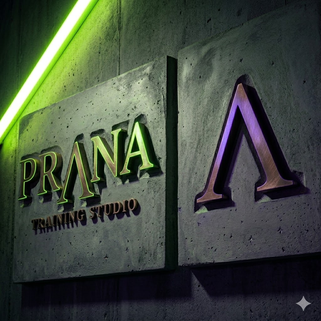 Letrero de Prana Training Studio: las letras PRΛNA en relieve metálico sobre concreto, iluminadas por un neón verde lima.